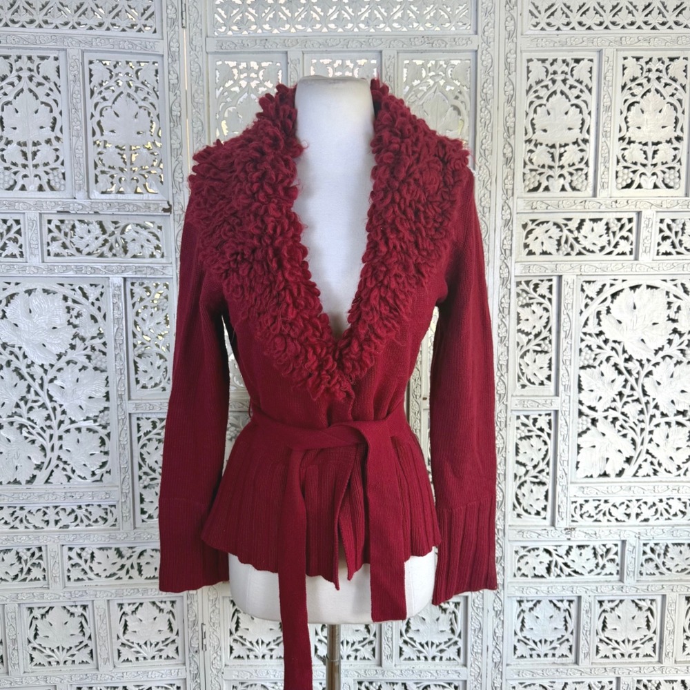 Y2K Cabi Red Belted Cardigan Womens Medium Ruffle Coquette Twee Holiday